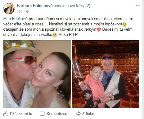Barbora Balúchová smúti za svojim kamarátom zo šoubiznisu.