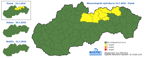 Slovenský hydrometeorologický ústav na dnes, 19. januára vydal výstrahy prvého stupňa pred víchricou na juhovýchode Slovenska