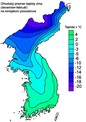 Dlhodobý priemer teploty zimy na Kórejskom polostrove.