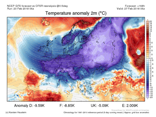 Predpokladané rozloženie tlakových útvarov a odchýlky teploty vzduchu od dlhodobého priemeru dňa 27. februára.