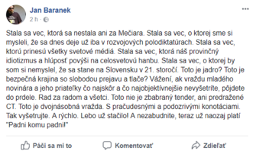 Ján Baránek o vražde Kuciaka na Facebooku