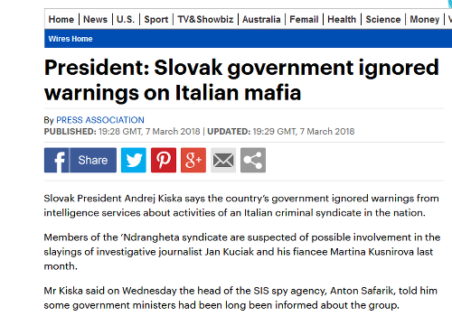 Slovenská vláda ignorovala varovania o mafii