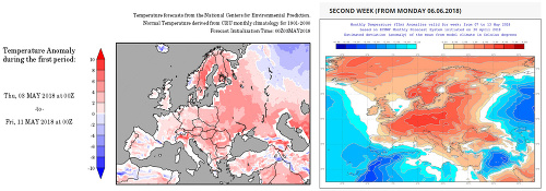 Predpokladané teplotné odchýlky od dlhodobého priemeru v prvej polovici mája podľa európskych a amerických modelov.