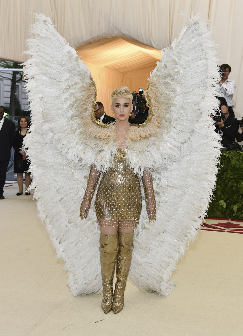 Speváčka Katy Perry sa musela na podujatie dopraviť kabrioletom. Dominantným prvkom jej róby boli totiž obrovské krídla, ktoré merali zhruba 3 metre.  