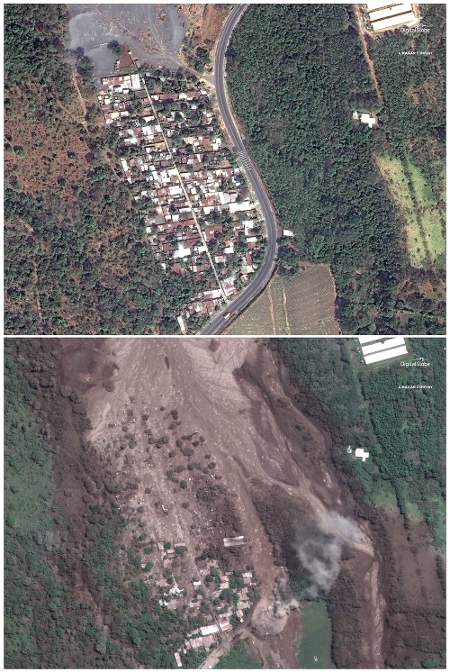 Satelitné snímky ukazujú pohromu, ktorú sopka v Guatemale spôsobila.
