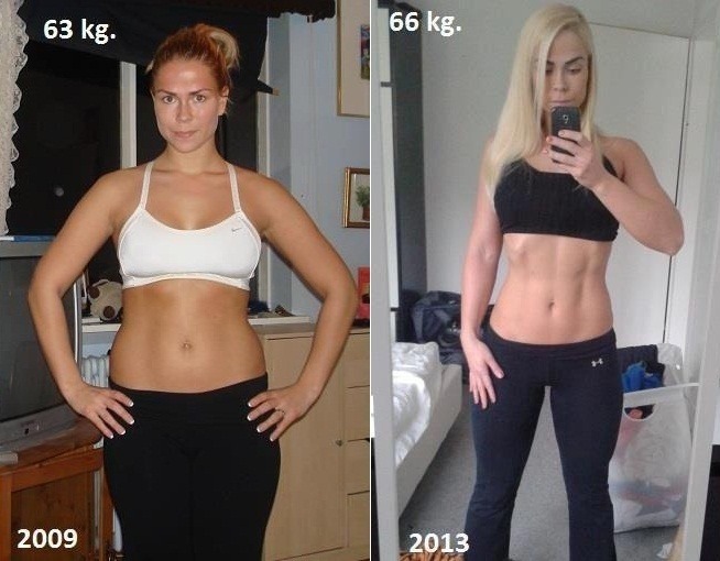 Keďže svaly sú ťažšie ako tuk, táto žena má teraz väčšiu váhu ako predtým. (foto: Bodytransformation.com)