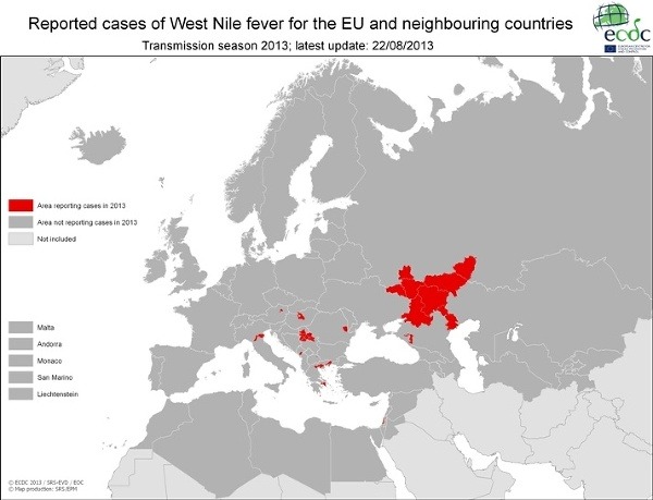 Červená farba znázorňuje oblasti s prípadmi západonílskej horúčky k 22. augustu 2013. (Foto: Ecdc.europa.eu)