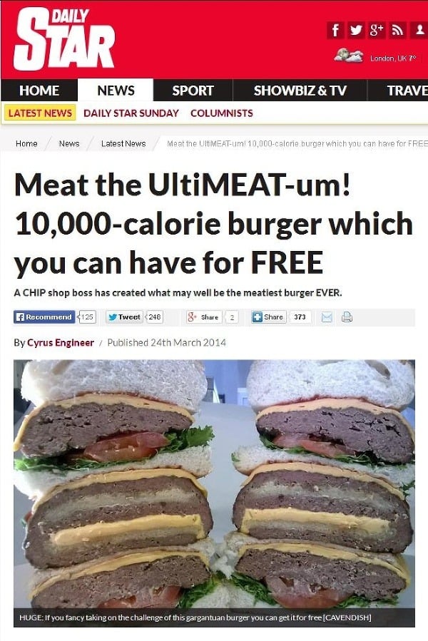 Takto vyzerá hamburger s kalorickou hodnotou 10-tisíc kalórií. Dali by ste si? (Foto: screenshot Dailystar.co.uk)