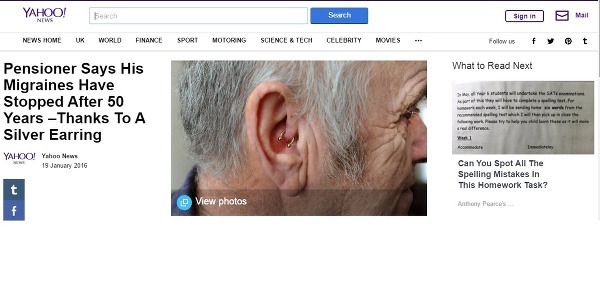 Dokáže migrénu zmierniť či vyliečiť obyčajná náušnica? (zdroj: screenshot stránky Yahoo.com/news )