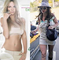V novej reklame vyzerá Britney ako z čias jej najväčšej slávy (vľavo) - dnes pripomína strašiaka s celulitídou (vpravo).