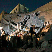 Zničená budova vodcu Kaddáfího