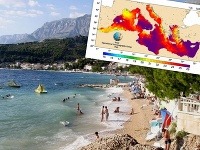 Chorvátsko, pláž. Mapa teploty Stredozemného mora. 
