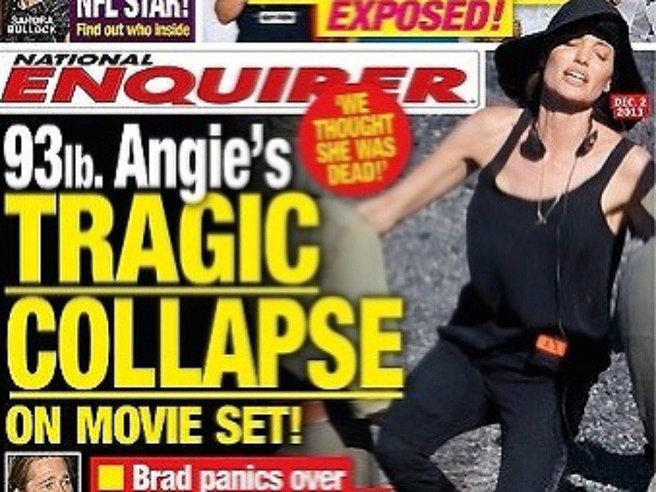 Angelina Jolie podľa titulnej strany magazínu National Enquirer odpadla a bojovala o život.