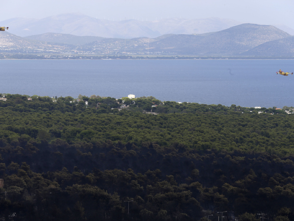 Hasičské lietadlá prelietavajú ponad stromy neďaleko gréckej dediny Neos Voutzas pri Aténach.