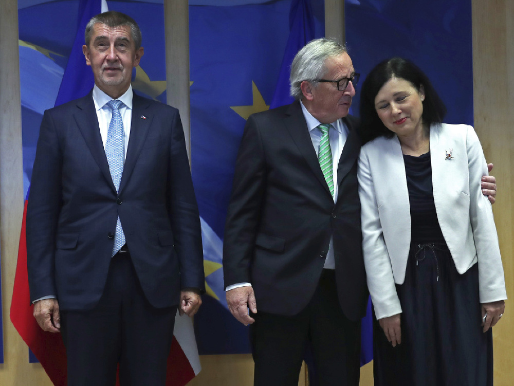 Věra Jourová, Jean-Claude Juncker a Andrej Babiš