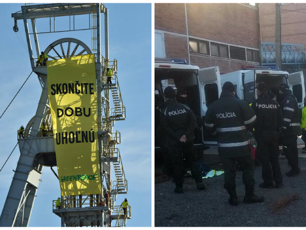 Aktivisti Greenpeace vyliezli na vežu v Novákoch, dole ich čakala polícia.