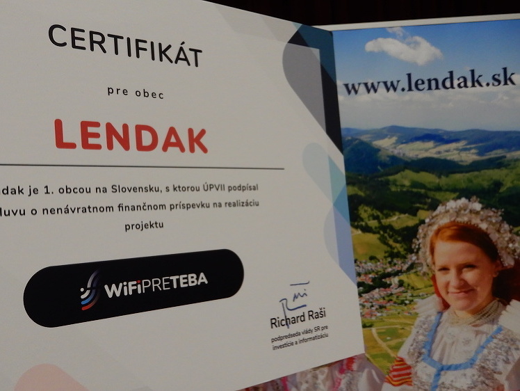 Certifikát, ktorý získala obec Lendak ako prvá na Slovensku.