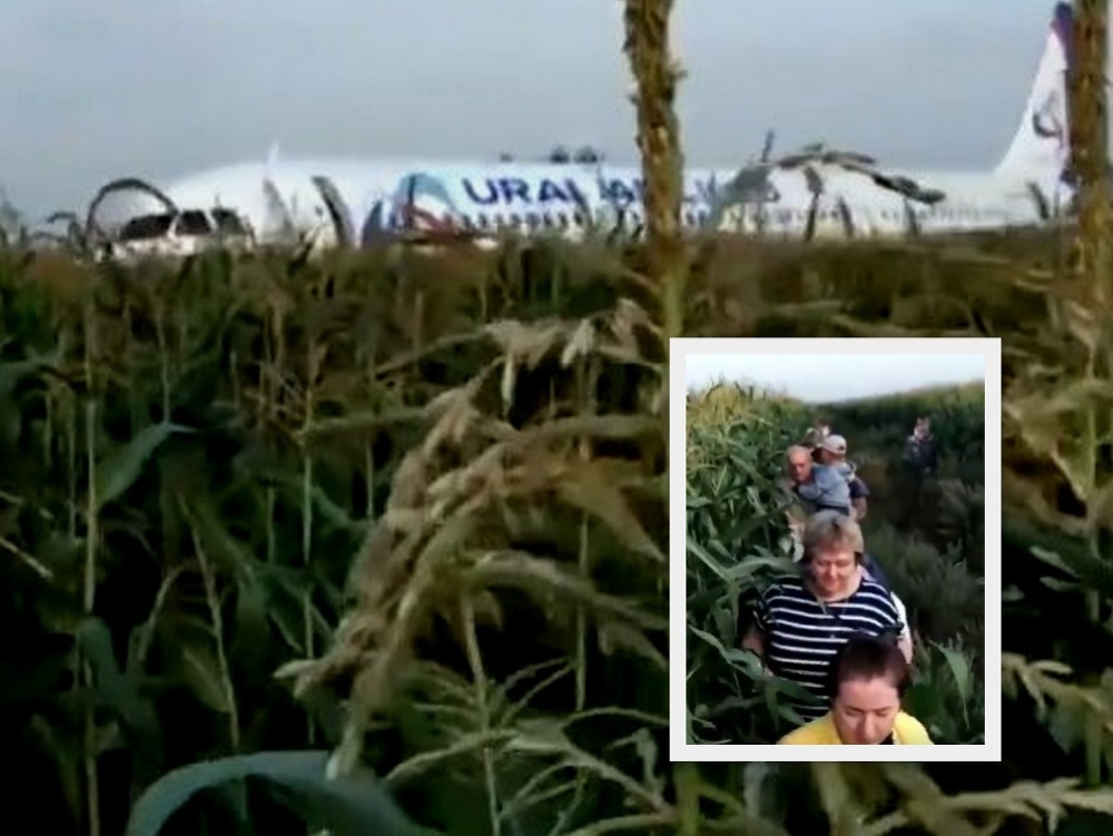 Lietadlo Ural Airlines muselo pristáť na poli.