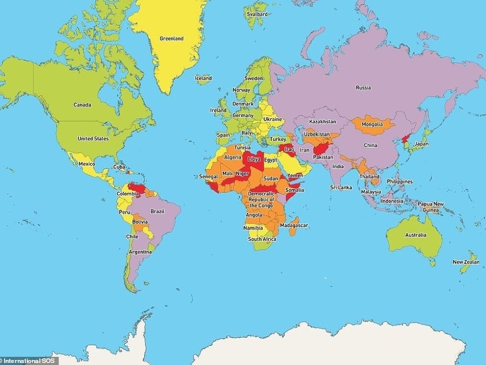 Mapa najnebezpečnejších krajín roku 2020.