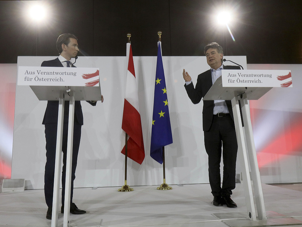 Na snímke zľava predseda konzervatívnej Rakúskej ľudovej strany (ÖVP) a bývalý kancelár Sebastian Kurz a predseda strany Zelených Werner Kogler