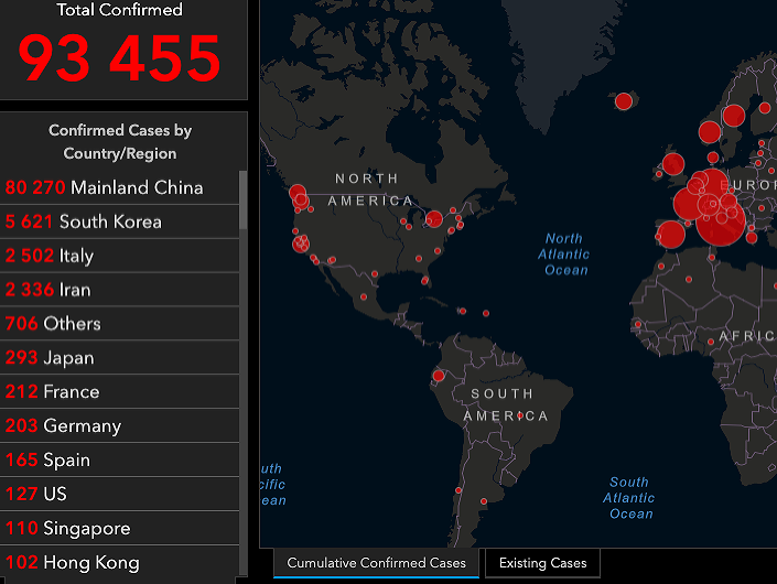 Interaktívna mapa, na ktorej môžete sledovať, koľko ľudí a v akých krajinách sa nakazilo.