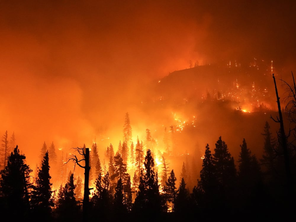 Lesný požiar nazvaný Creek Fire v Sierra National Forest v okrese Fresno v americkom štáte Kalifornia.