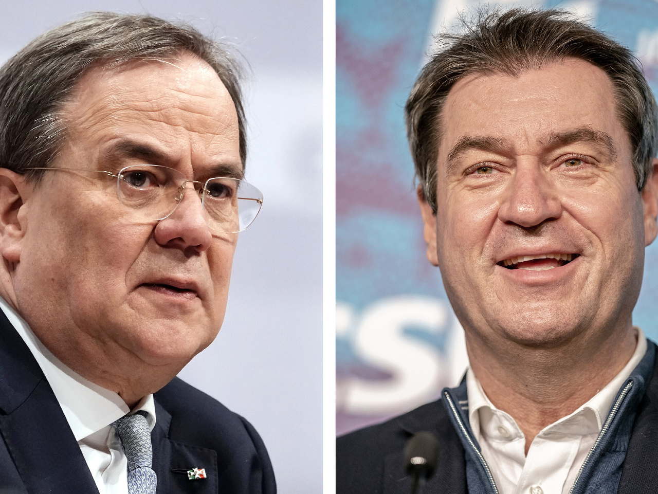 Predseda CDU a premiér nemeckej spolkovej krajiny Severné Porýnie-Vestfálsko Armin Laschet (vľavo) a predseda CSU a premiér spolkovej krajiny Bavorsko Markus Söder