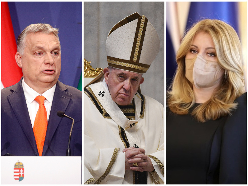 Maďarský prezident Viktor Orbán, pápež František a prezidentka Zuzana Čaputová