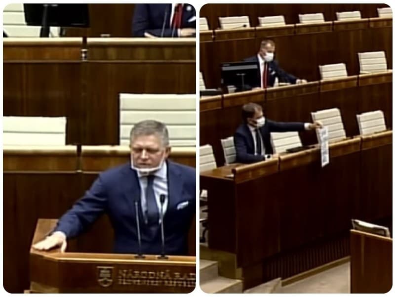 Robert Fico bol nakrátko prerušený v rozprave transparentom Igora Matoviča.