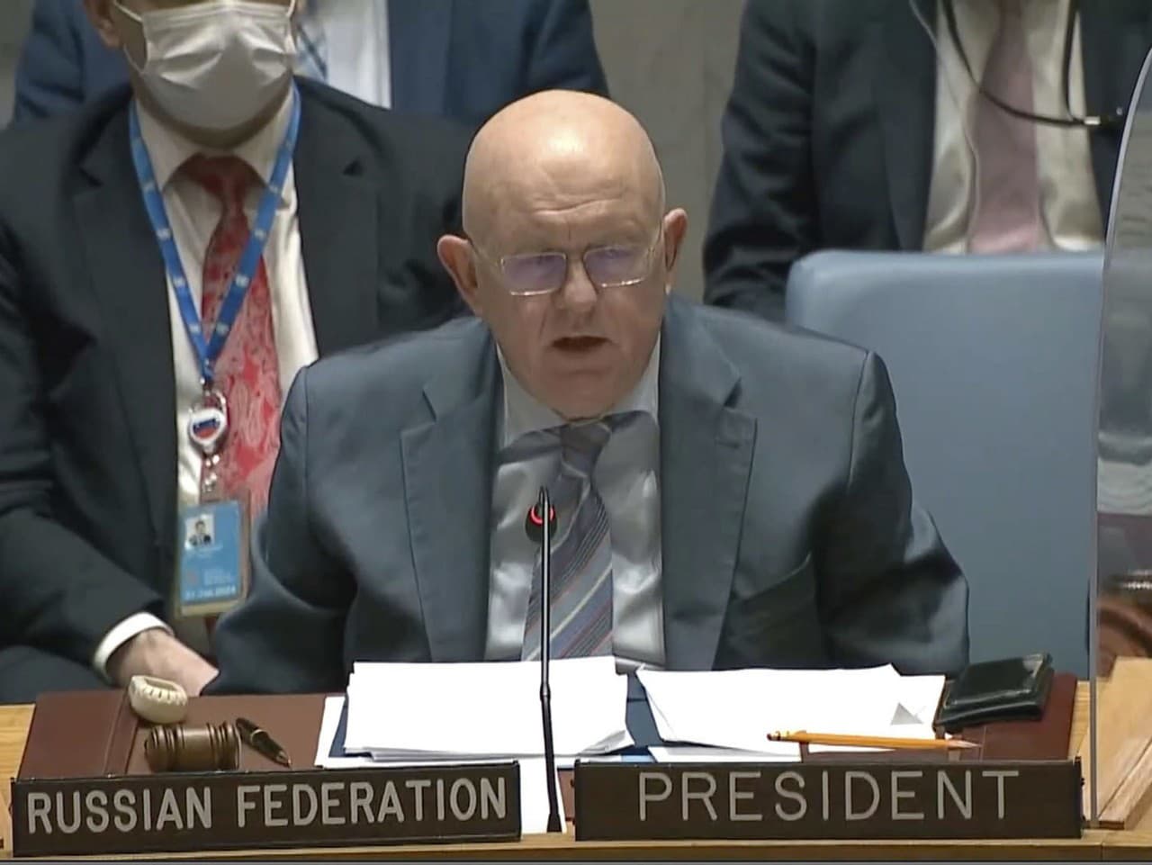 Na snímke ruský vyslanec pri OSN Vasilij Nebezia počas mimoriadneho zasadnutia Bezpečnostnej rady OSN