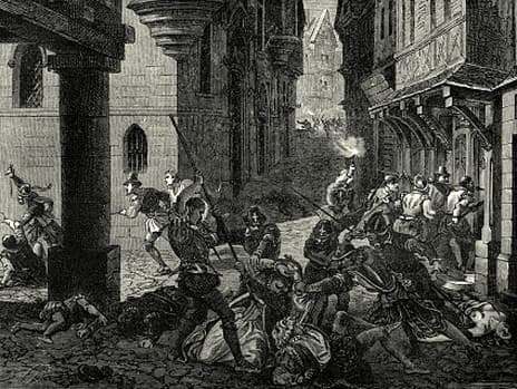 Bartolomejská noc. Počas tejto masakry bolo zavraždených tisíce hugenotov.