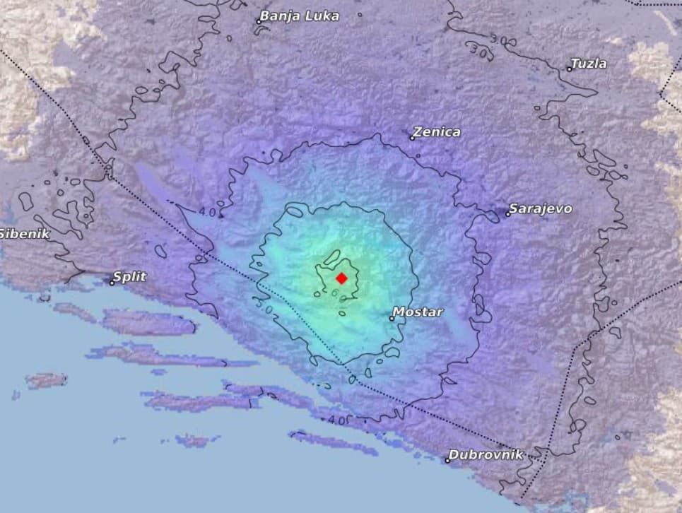 Zemetrasenie pri meste Mostar, Bosna a Hercegovina.