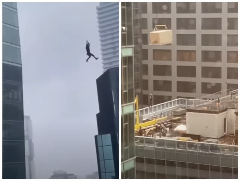 Muž visel vo výške medzi mrakodrapmi len na ramene žeriava.