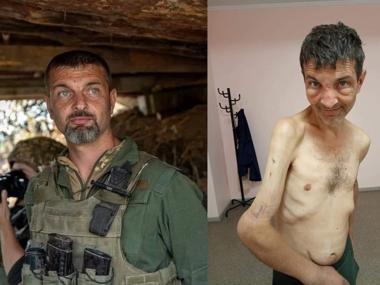 Na obrázkoch je jedna a tá istá osoba Mychajlo Dianov. Vľavo ako obranca Mariupolu, vpravo po prepustení ruskými jednotkami zo zajatia.