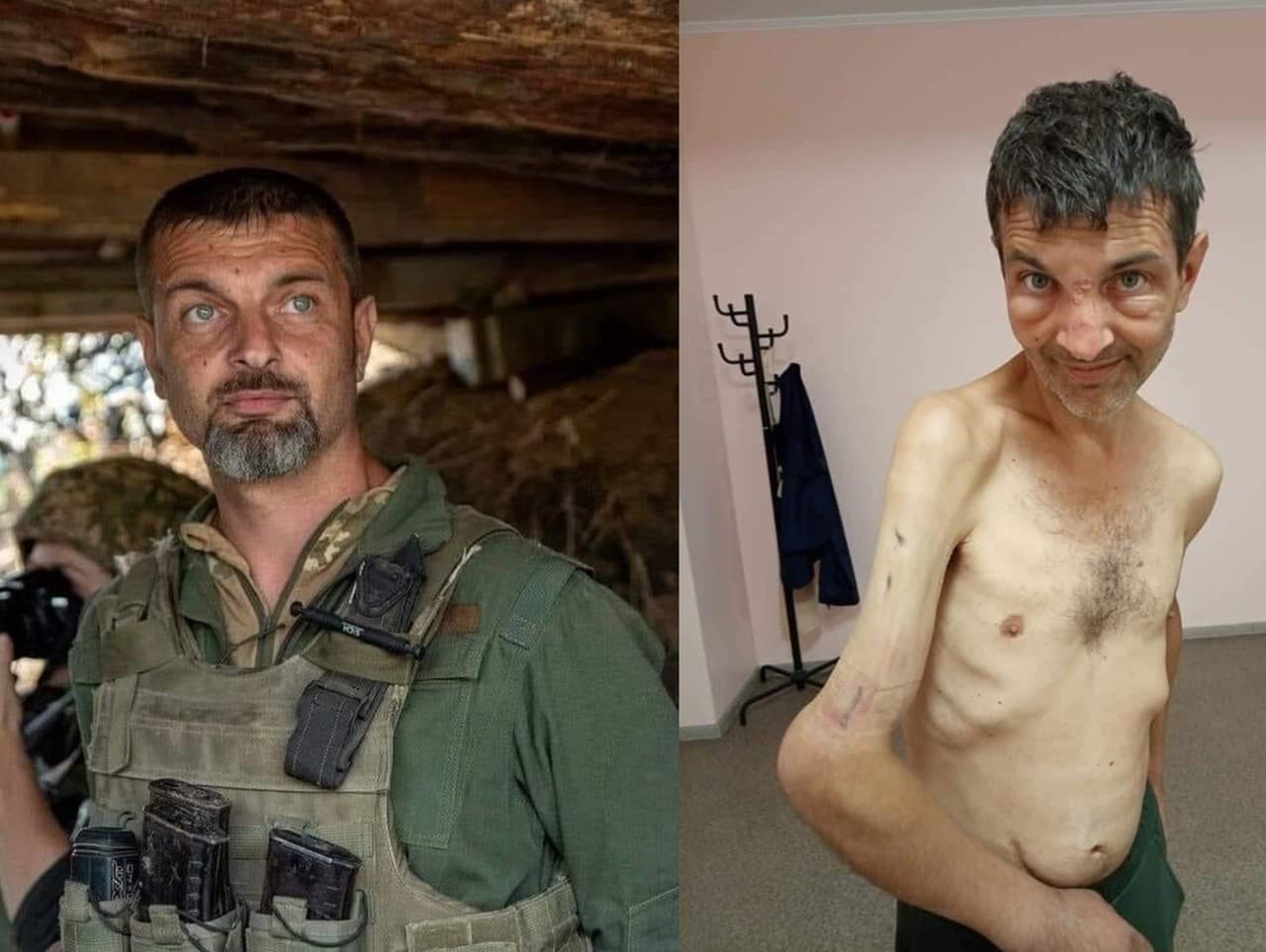 Na obrázkoch je jedna a tá istá osoba Mychajlo Dianov. Vľavo ako obranca Mariupolu, vpravo po prepustení ruskými jednotkami zo zajatia.