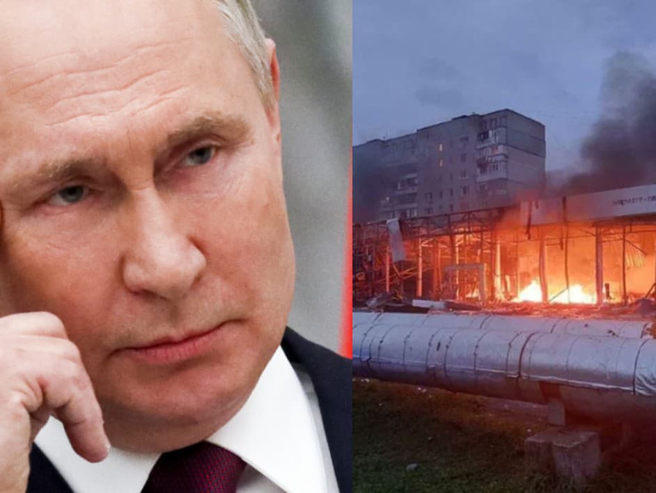 Ruský prezident Vladimir Putin a autosalón Škody na Záporoží zasiahnutý ruskou raketovou počas bombardovania Ukrajiny. 