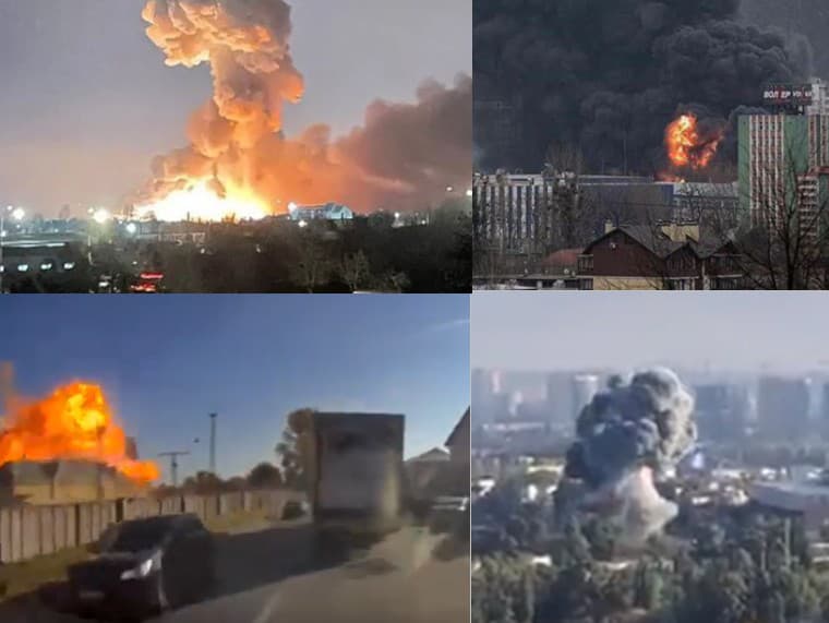 Zasiahnuté časti mesta a výbuchy v Ľvove na západnej Ukrajine.