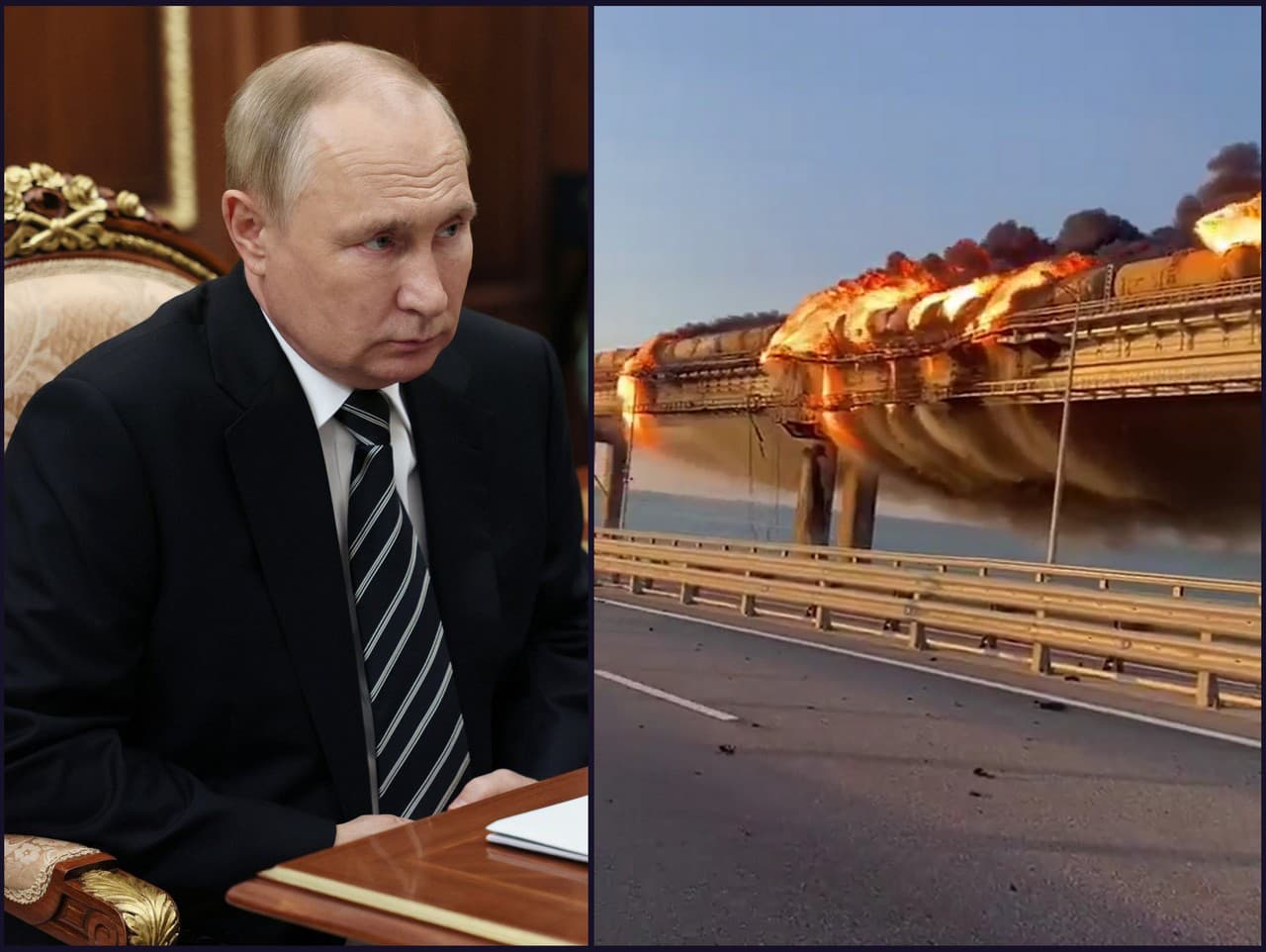Prezident Ruskej federácie Vladimir Putin a pohľad na horiaci Kerčský (Krymský) most po mohutnom výbuchu. 