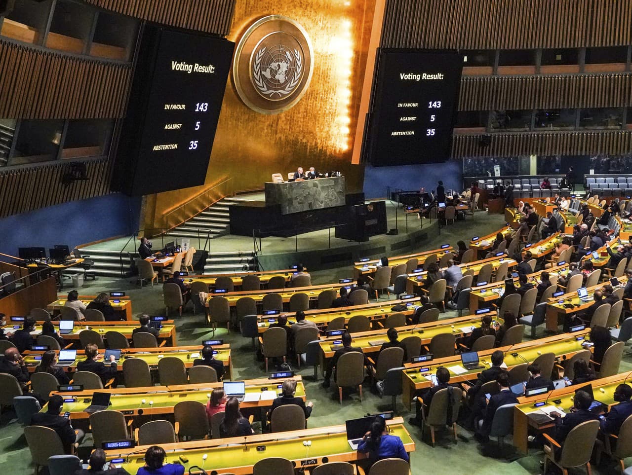 Výsledok hlasovania. OSN považuje ruské obsadenie častí Ukrajiny za nelegálne. 