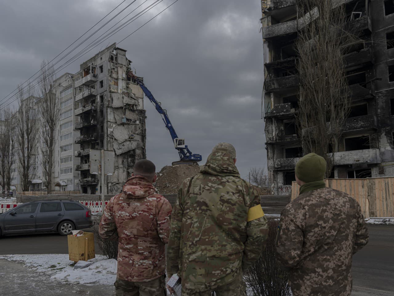 Pohľad na zničenú budovu v regióne Kyjeva