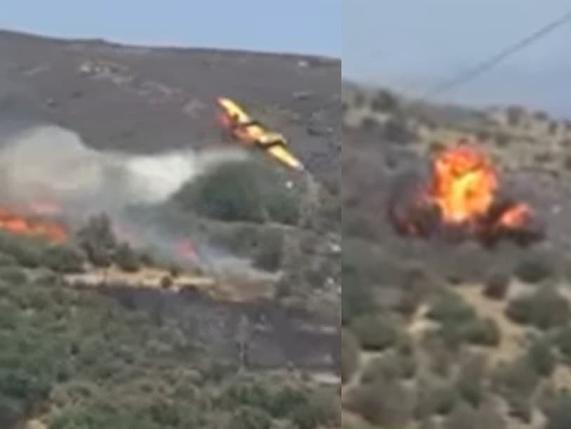 Záchranné lietadlo Canadair CL-215 hasilo požiar na ostrove Evia. O pár sekúnd pilot havaroval