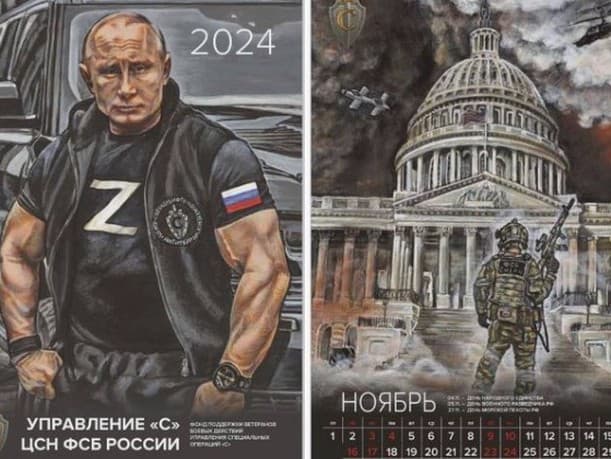 Nový ruský kalendár je plný vojnovej tematiky. Ruský prezident je v ňom vykreslený ako poriadny svalovec. 