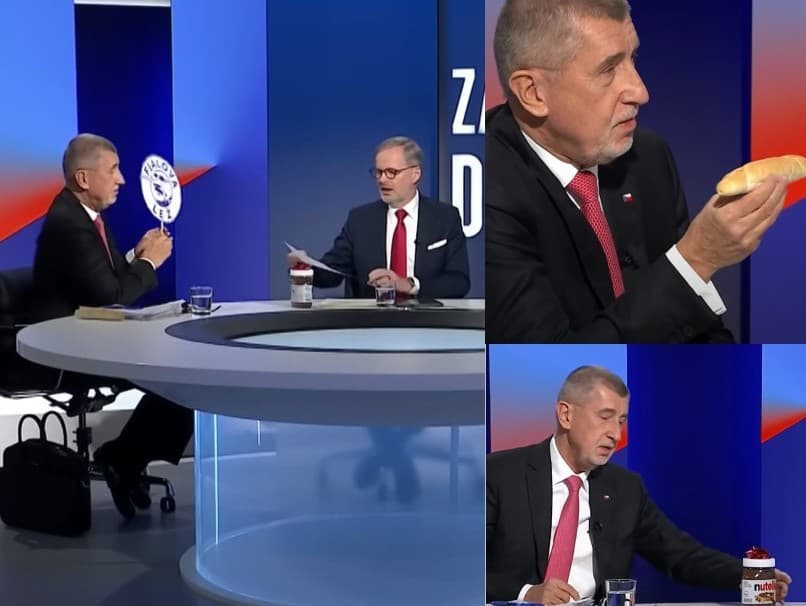 Nuttela a rožok počas diskusie medzi Andrejom Babišom a Petrom Fialom v programe O päť minút dvanásť na TV Nova