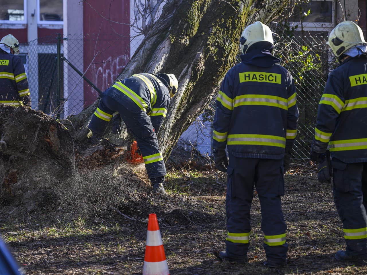 Na Uránovej ulici v Bratislave hasiči odstraňujú padnutý strom na budovu
