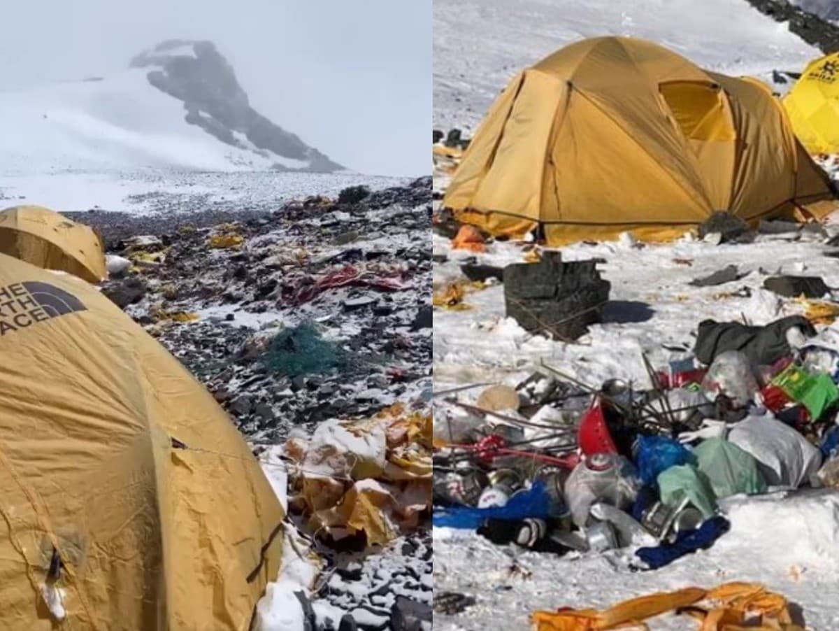 Camp Four, jeden z táborov pod najvyššou horou sveta Mount Everest. Znečistenie je obrovské