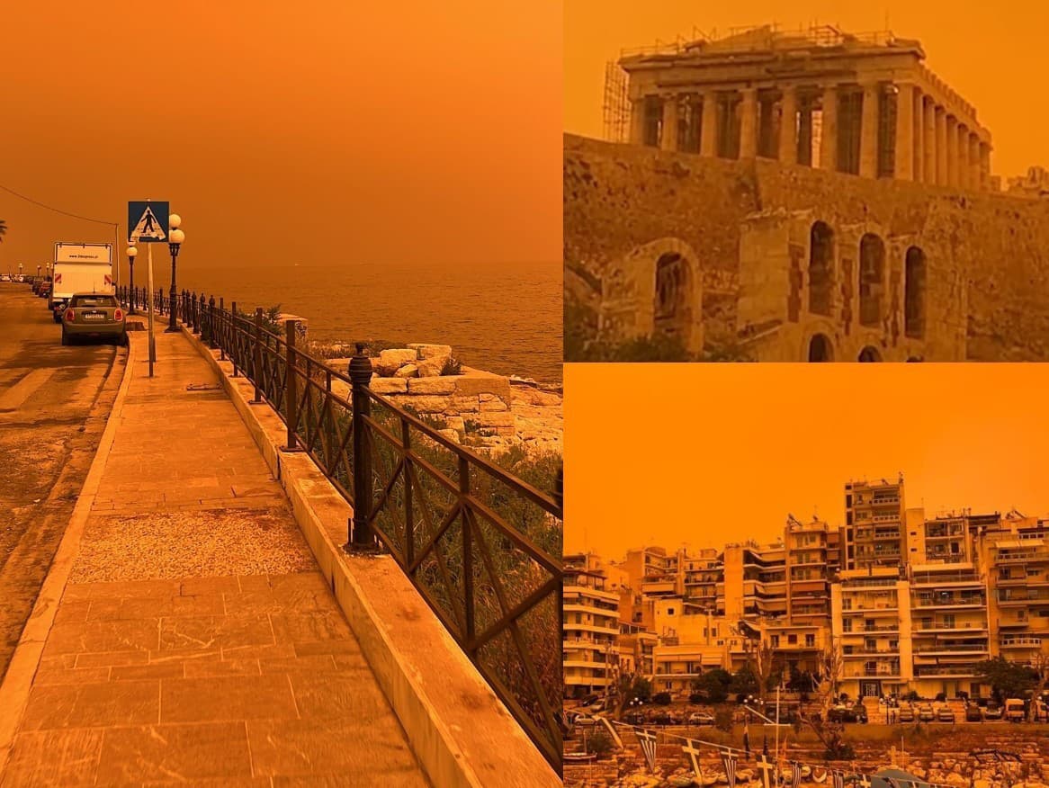 Grécko zasiahla piesočná búrka zo Sahary. Obloha nad Aténami bola počas celého dňa sfarbená do oranžova.