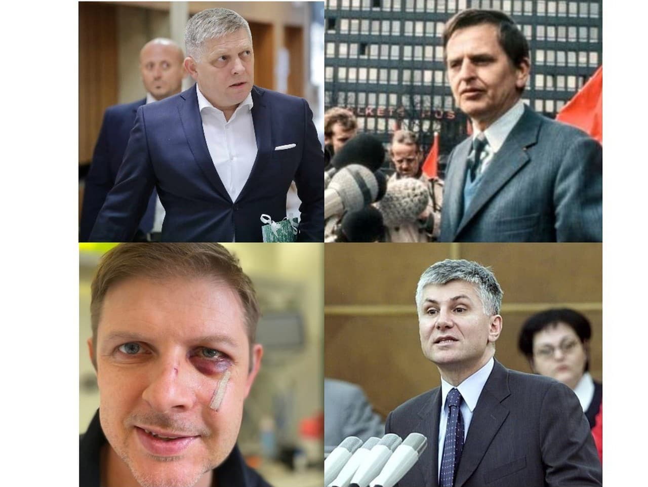 Slovenský premiér Robert Fico (hore vpravo), švédsky premiér Olof Palme (hore vľavo), nemecký europoslanec Matthias Ecke (dole vpravo), srbský premiér Zoran Djindič (dole vľavo)