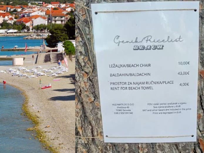 Cenník miestneho baru/pláže (Vodice, Chorvátsko). Miestni aj turisti len krútia hlavami