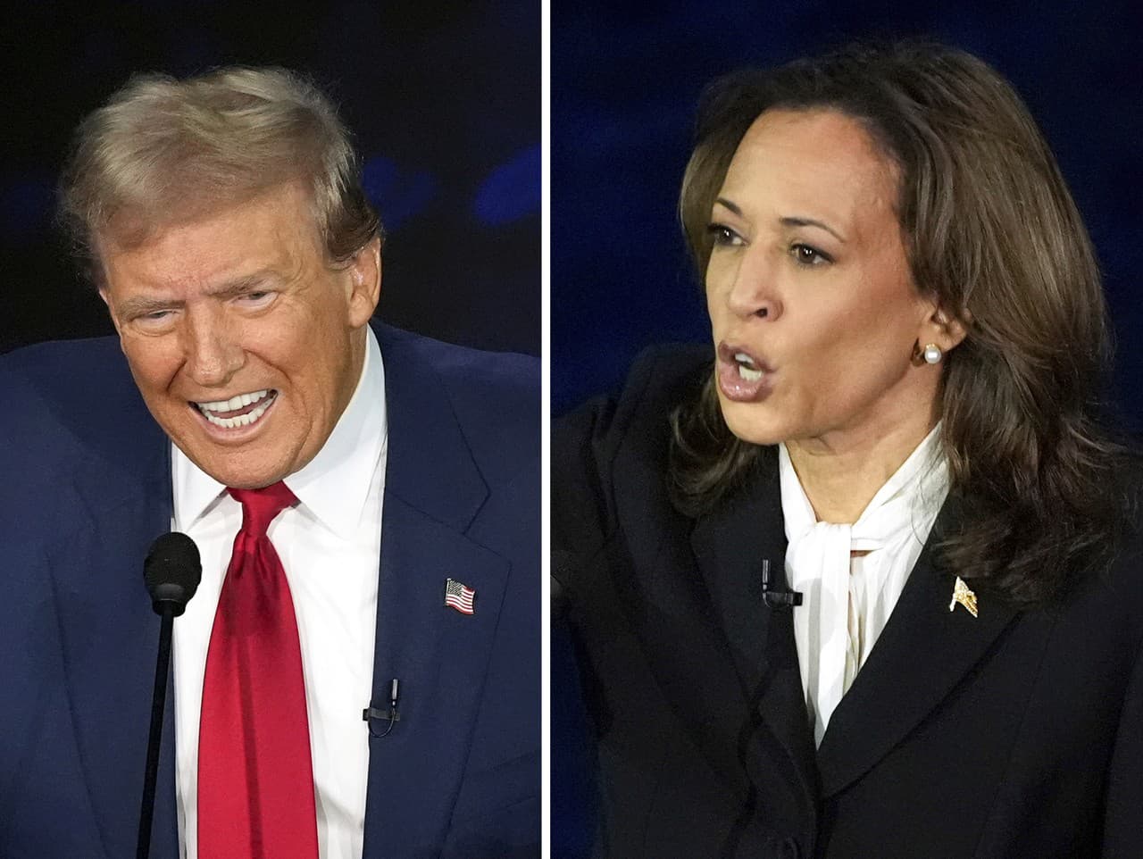 Republikánsky prezidentský kandidát bývalý prezident Donald Trump a demokratický prezidentský kandidát viceprezidentka Kamala Harrisová počas prezidentskej debaty ABC News v Národnom ústavnom centre.