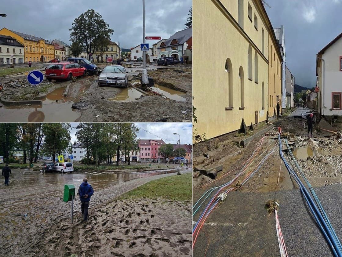 Opadnutá voda v zaplavenom Jeseníku. Po záplavách zostalo všade bahno a trosky